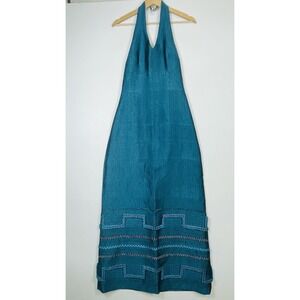 Plan Guadalajara Halter Maxi Dress Womens Small Teal Vintage Boho Artisan Mexico